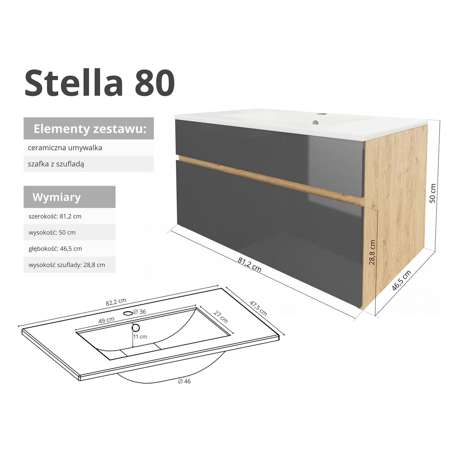 Szafka z umywalką STELLA 50 cm / 80 cm