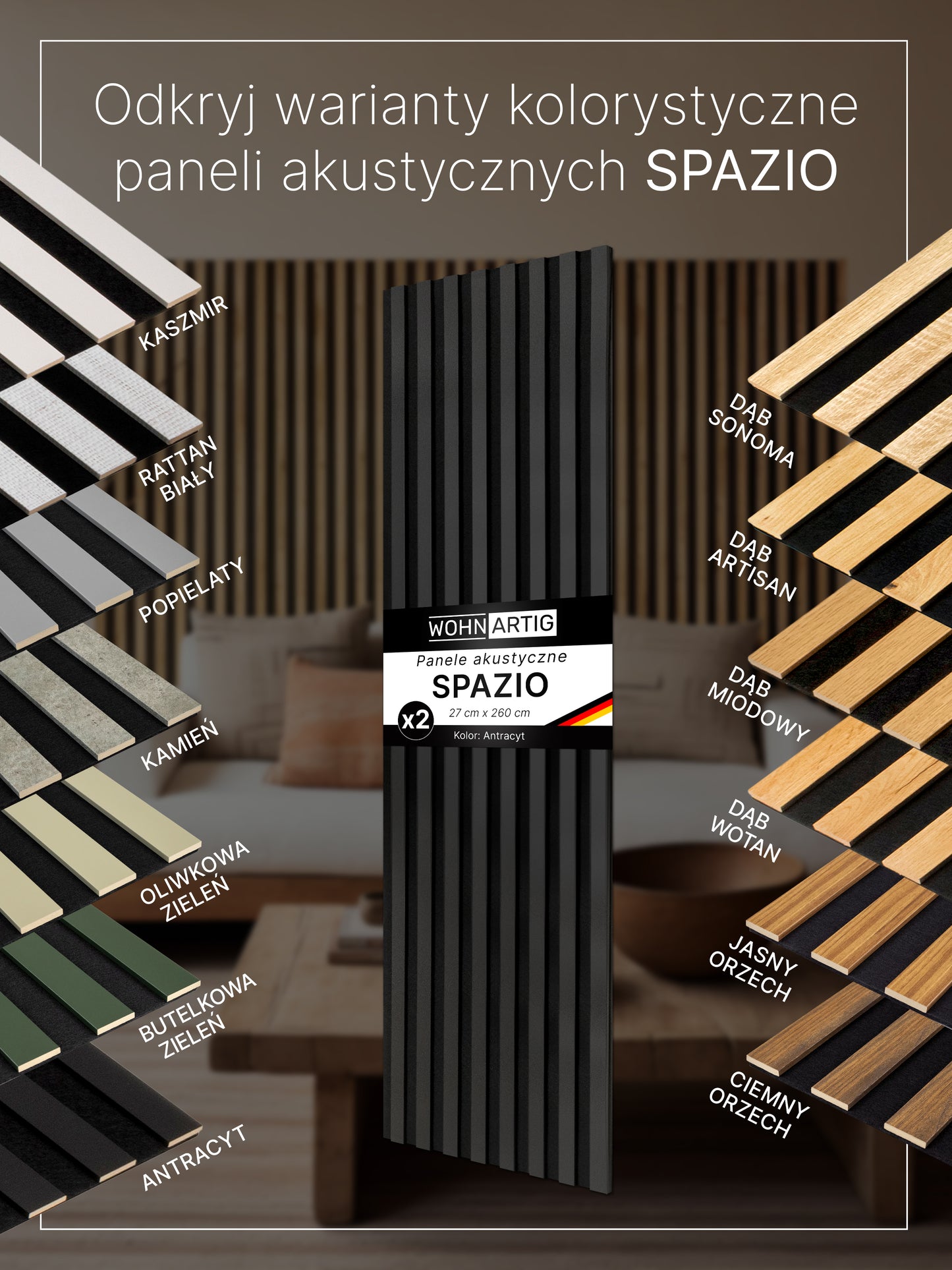 Dekoracyjny Panel Akustyczny SPAZIO 540 mm x 2600 mm (zestaw 2 szt. 270 x 2600 mm)