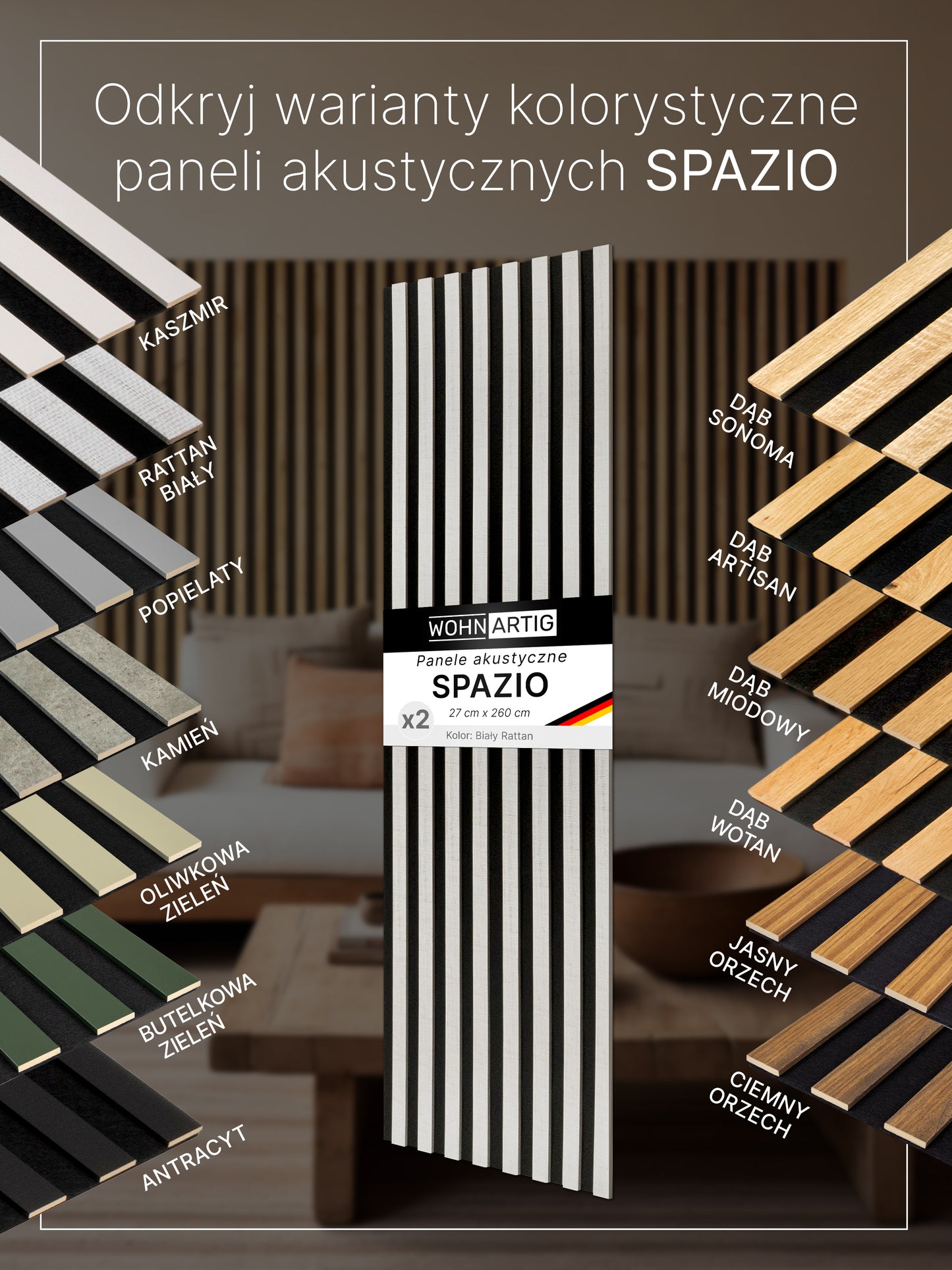 Dekoracyjny Panel Akustyczny SPAZIO 540 mm x 2600 mm (zestaw 2 szt. 270 x 2600 mm)