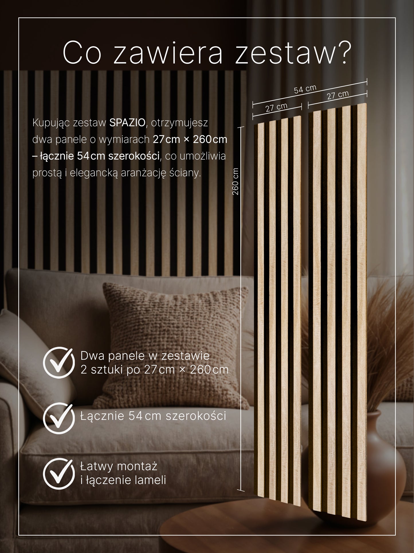 Dekoracyjny Panel Akustyczny SPAZIO 540 mm x 2600 mm (zestaw 2 szt. 270 x 2600 mm)