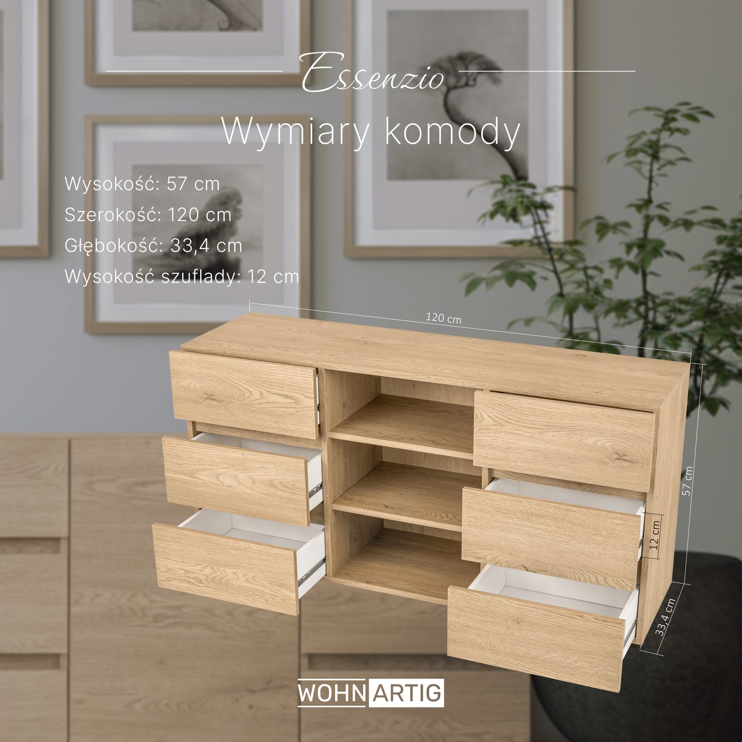 ESSENZIO Komoda w kolorze dębu Cremona 120 x 33,4 x 57 cm – nowoczesna szafka z szufladami i półkami