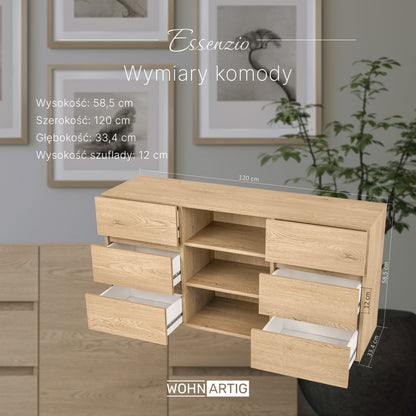 ESSENZIO Komoda w kolorze dębu Cremona 120 x 33,4 x 58,5 cm – nowoczesna szafka z szufladami i półkami