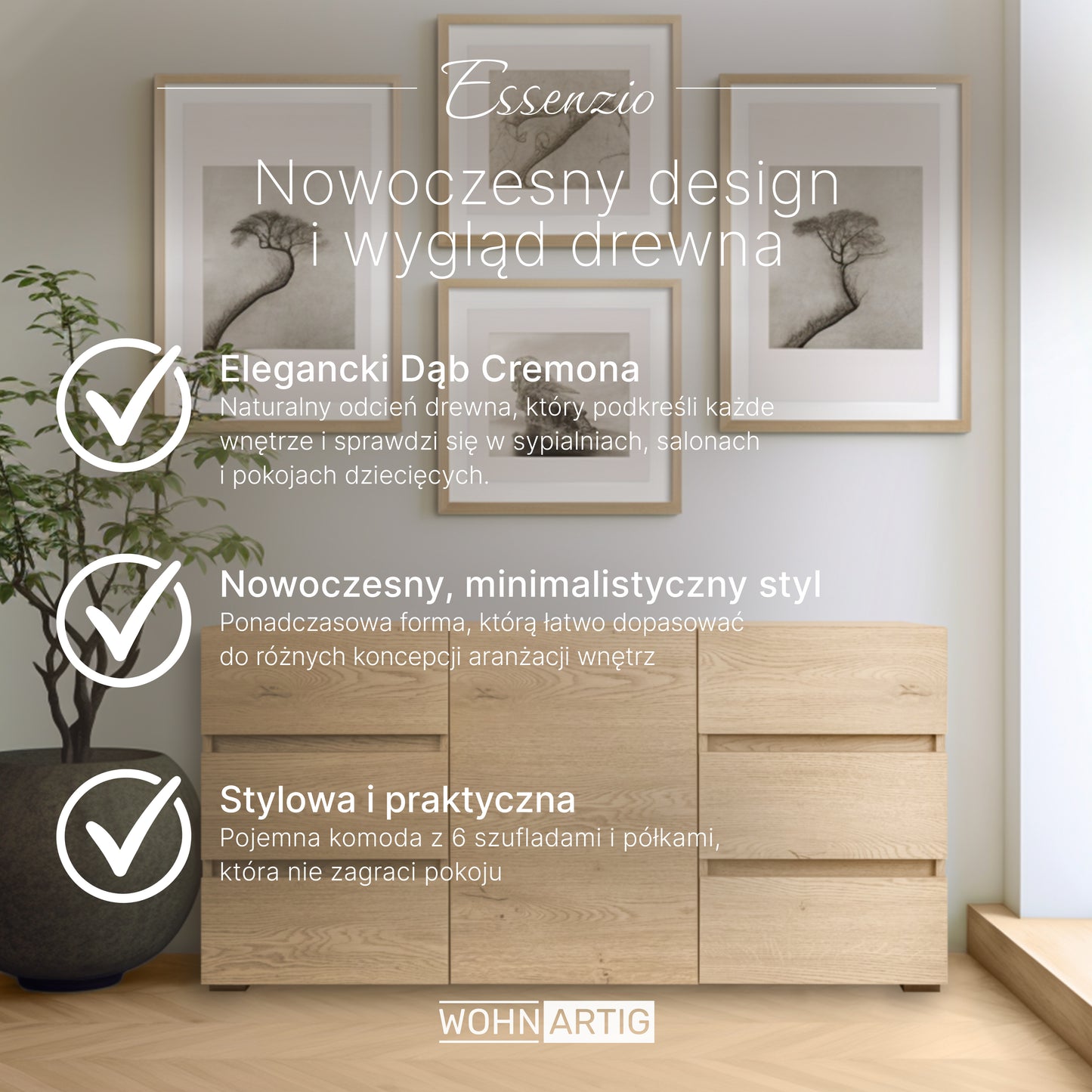 ESSENZIO Komoda w kolorze dębu Cremona 120 x 33,4 x 57 cm – nowoczesna szafka z szufladami i półkami