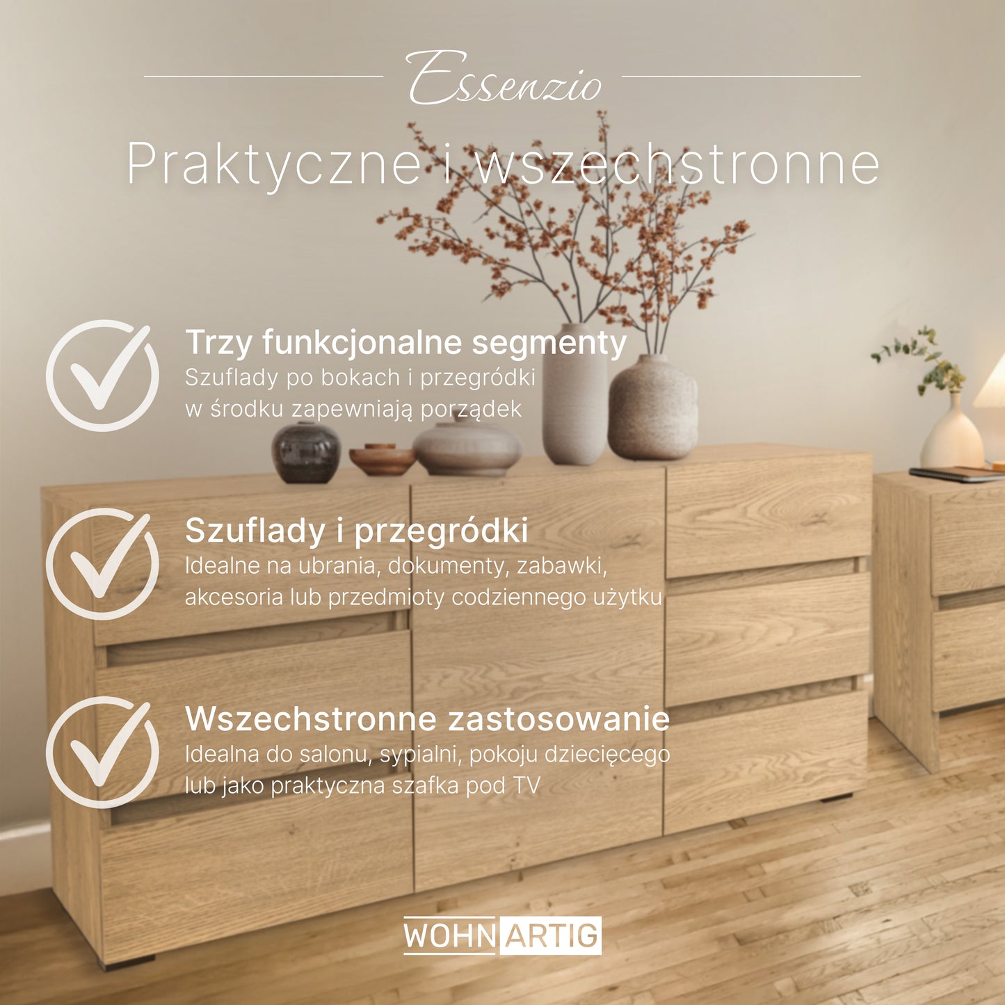 ESSENZIO Komoda w kolorze dębu Cremona 120 x 33,4 x 57 cm – nowoczesna szafka z szufladami i półkami