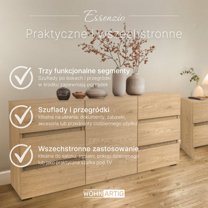 ESSENZIO Komoda w kolorze dębu Cremona 120 x 33,4 x 57 cm – nowoczesna szafka z szufladami i półkami