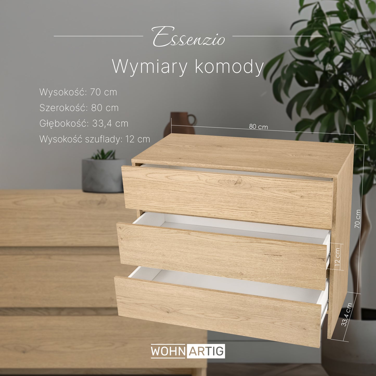 ESSENZIO Mała Komoda Dąb Cremona 80 x 33,4 x 70 cm – Komoda z 3 Szufladami