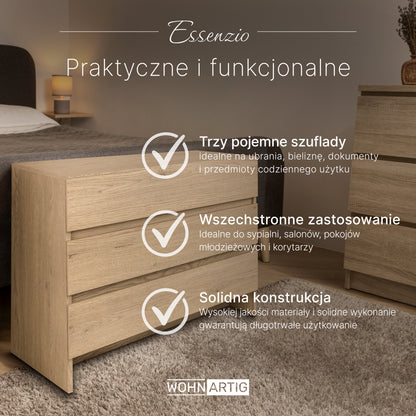 ESSENZIO Mała Komoda Dąb Cremona 80 x 33,4 x 70 cm – Komoda z 3 Szufladami