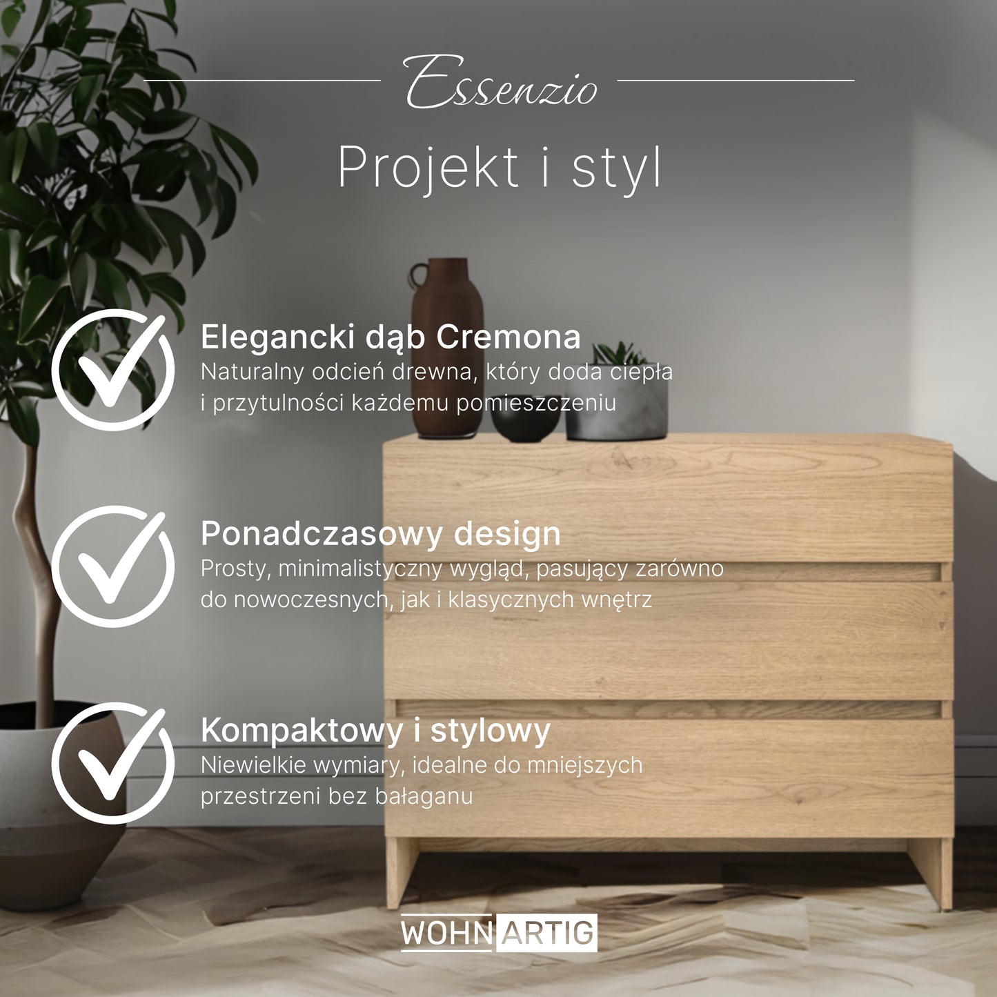 ESSENZIO Mała Komoda Dąb Cremona 80 x 33,4 x 70 cm – Komoda z 3 Szufladami
