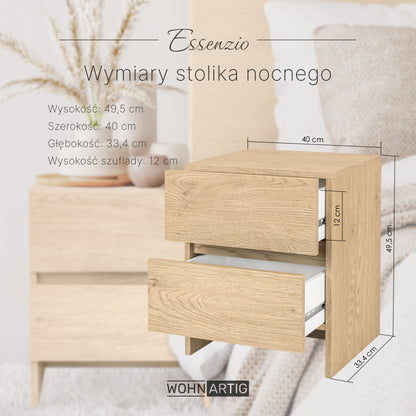 Essenzio Stolik Nocny dąb Cremona 40 x 33,4 x 49,5 cm - szafka nocna z 2 szufladami