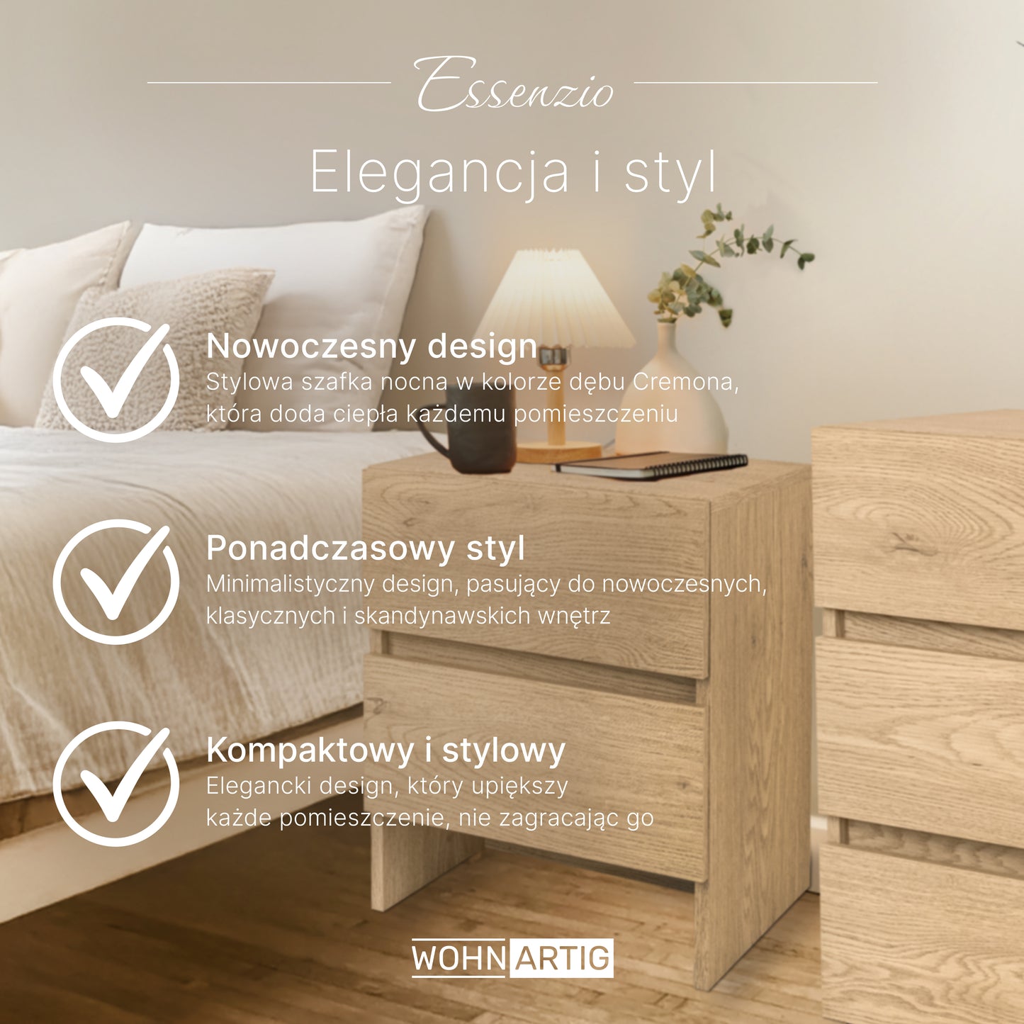 Essenzio Stolik Nocny dąb Cremona 40 x 33,4 x 49,5 cm - szafka nocna z 2 szufladami