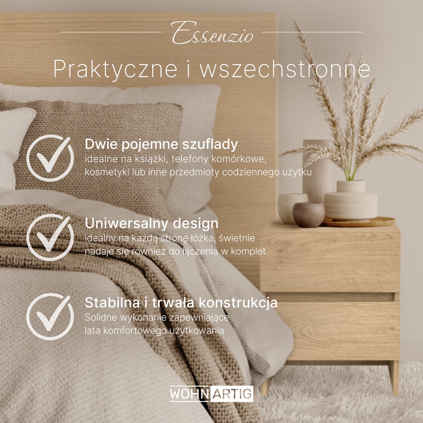 Essenzio Stolik Nocny dąb Cremona 40 x 33,4 x 49,5 cm - szafka nocna z 2 szufladami