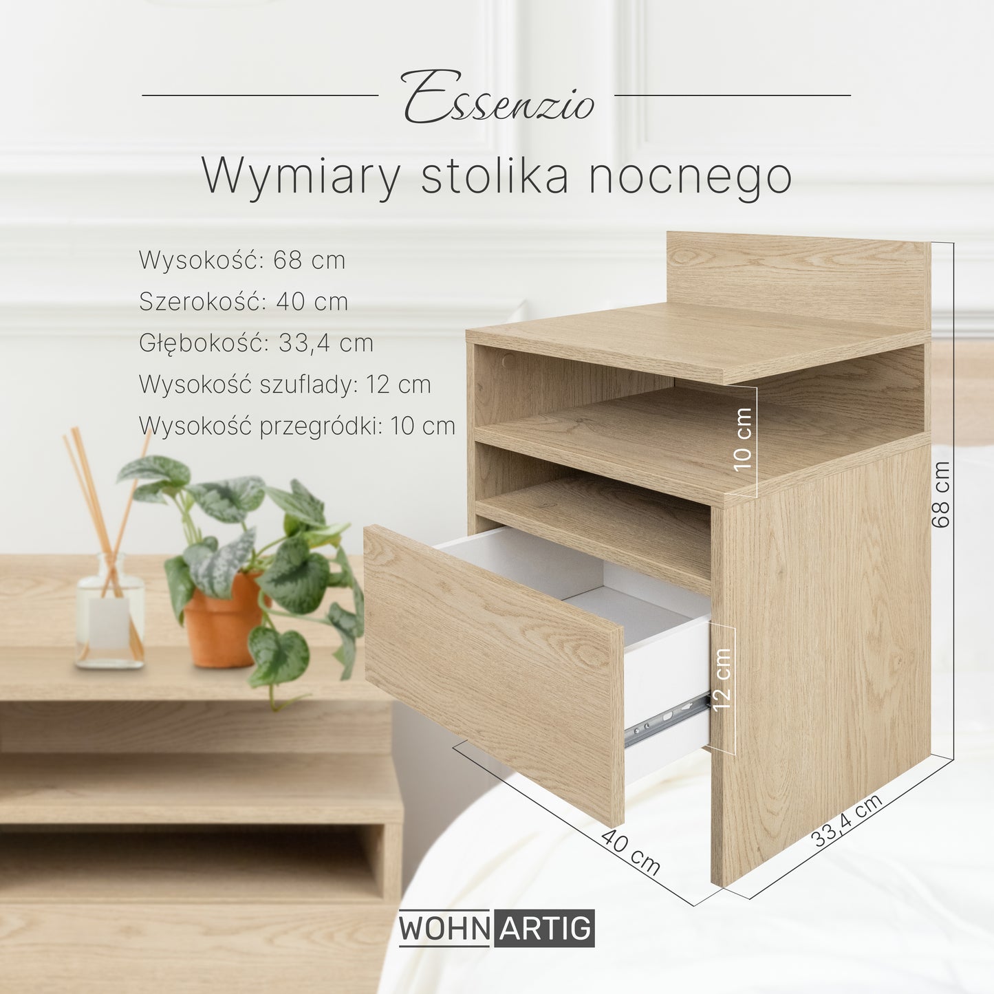 ESSENZIO Stolik Nocny prawy/lewy dąb Cremona 40 x 33,4 x 68 cm – szafka nocna z szufladą i 3 półkami