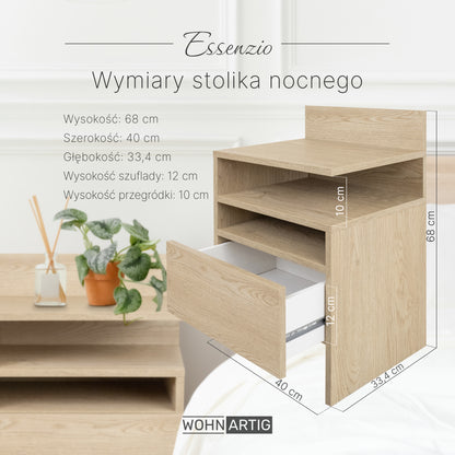 ESSENZIO Stolik Nocny prawy/lewy dąb Cremona 40 x 33,4 x 68 cm – szafka nocna z szufladą i 3 półkami