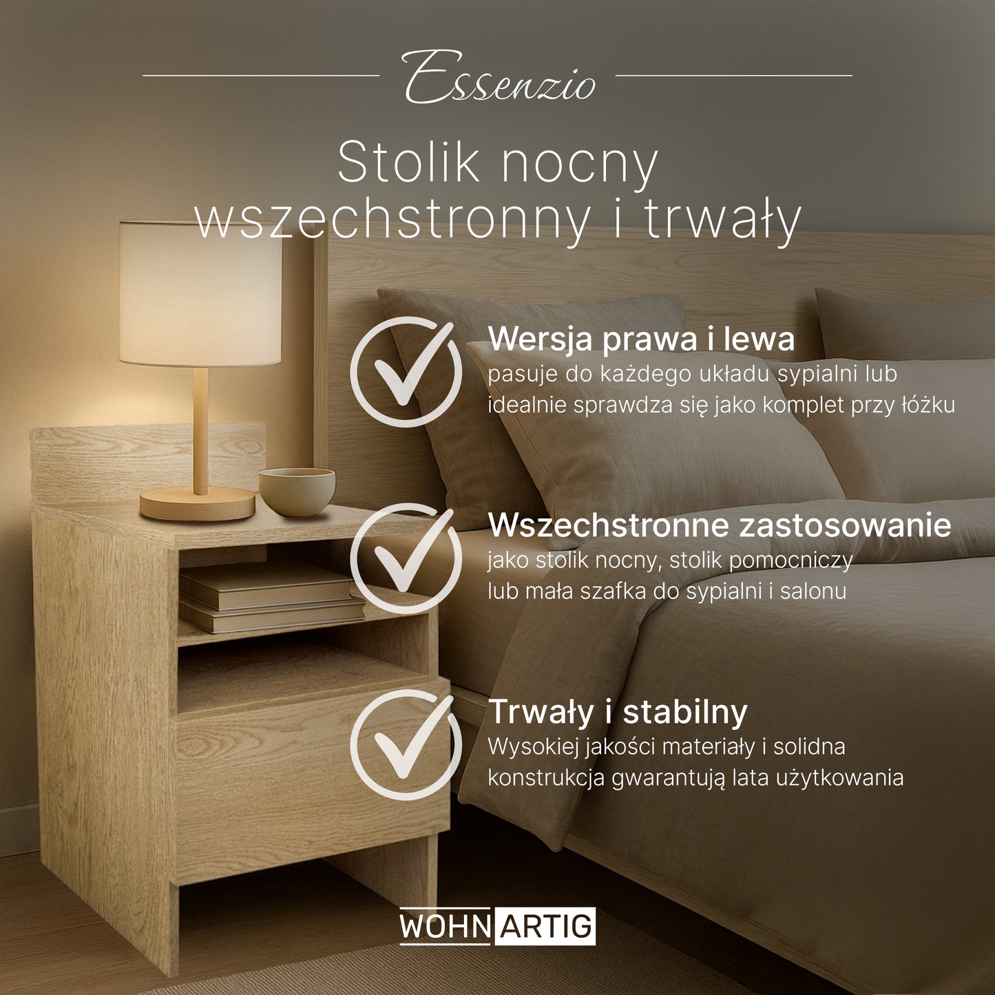 ESSENZIO Stolik Nocny prawy/lewy dąb Cremona 40 x 33,4 x 68 cm – szafka nocna z szufladą i 3 półkami