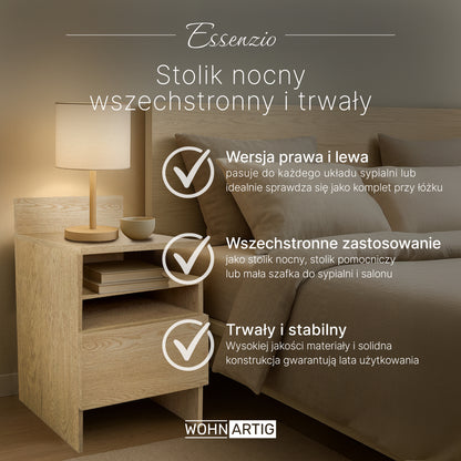 ESSENZIO Stolik Nocny prawy/lewy dąb Cremona 40 x 33,4 x 68 cm – szafka nocna z szufladą i 3 półkami