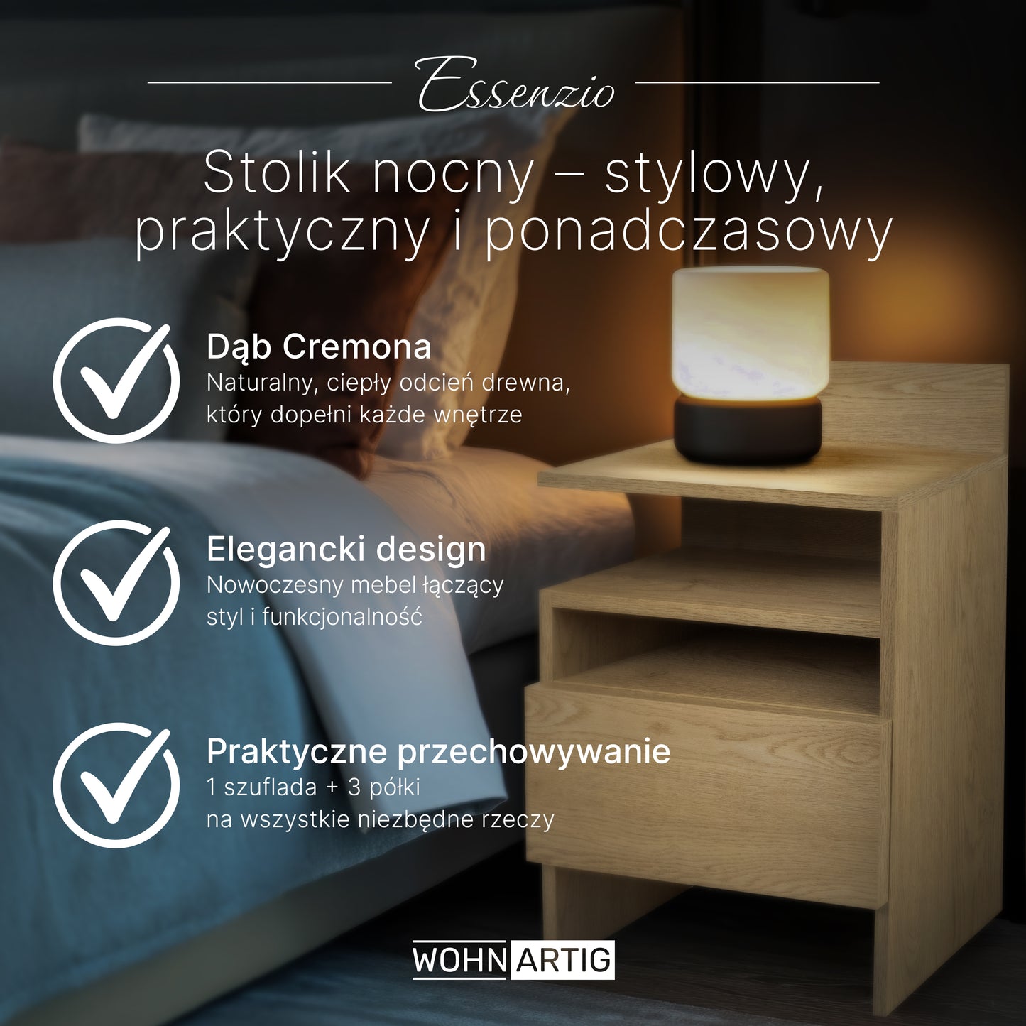 ESSENZIO Stolik Nocny prawy/lewy dąb Cremona 40 x 33,4 x 68 cm – szafka nocna z szufladą i 3 półkami