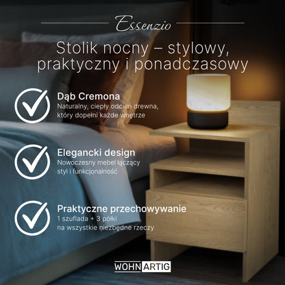 ESSENZIO Stolik Nocny prawy/lewy dąb Cremona 40 x 33,4 x 68 cm – szafka nocna z szufladą i 3 półkami