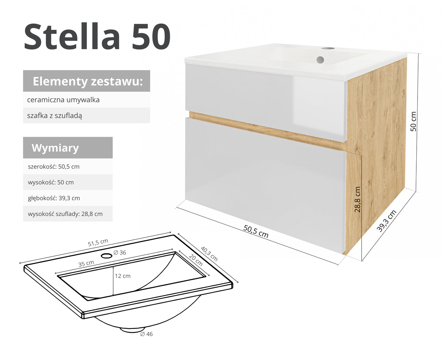 Szafka z umywalką STELLA 50 cm / 80 cm