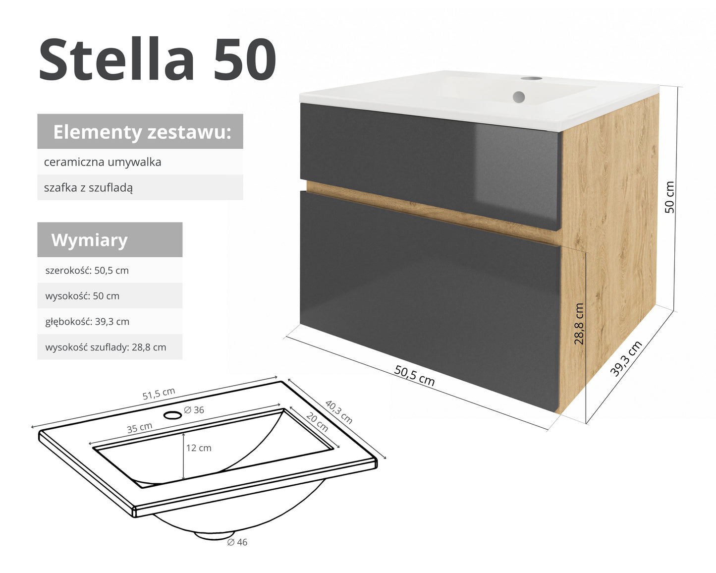 Szafka z umywalką STELLA 50 cm / 80 cm