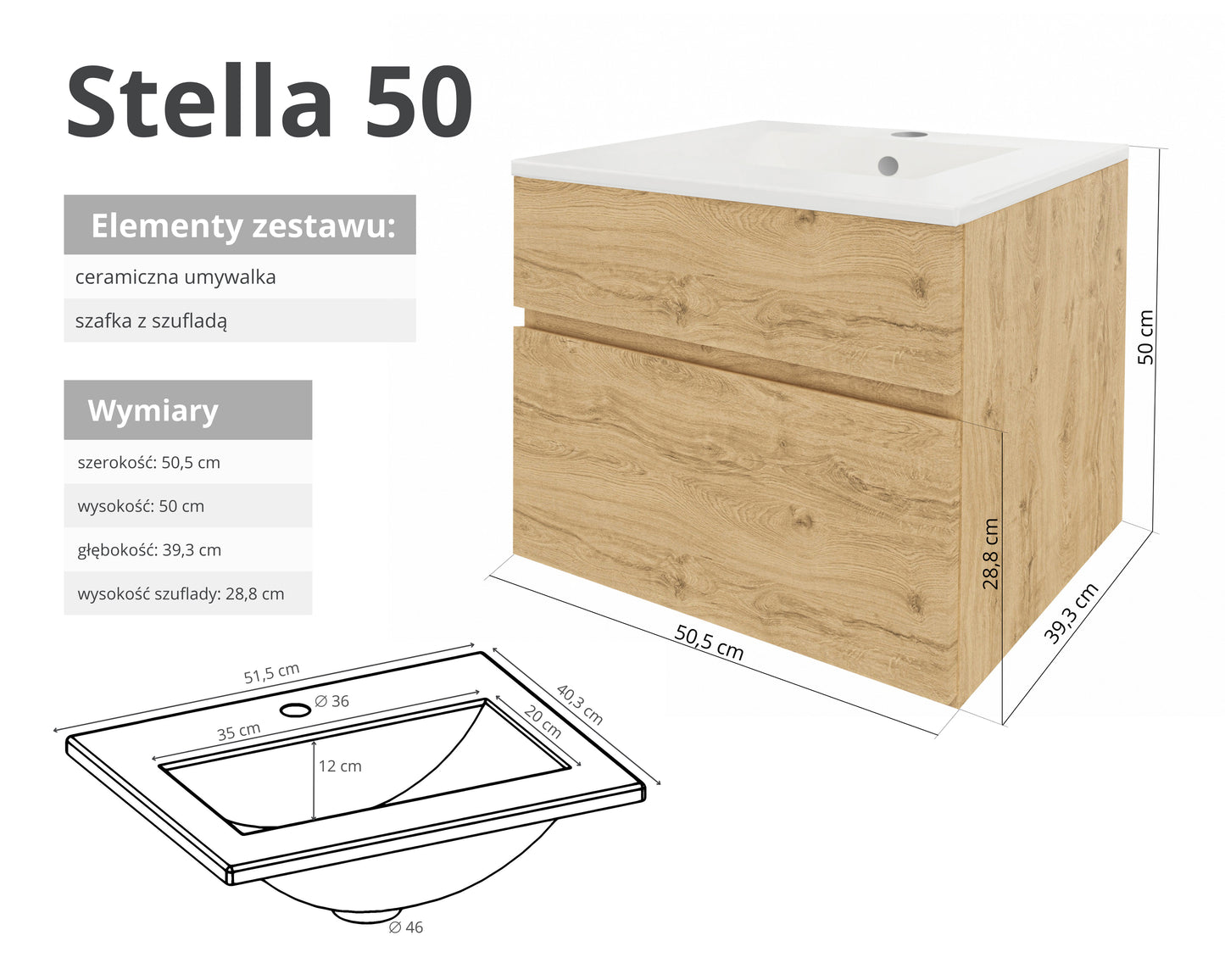 Szafka z umywalką STELLA 50 cm / 80 cm