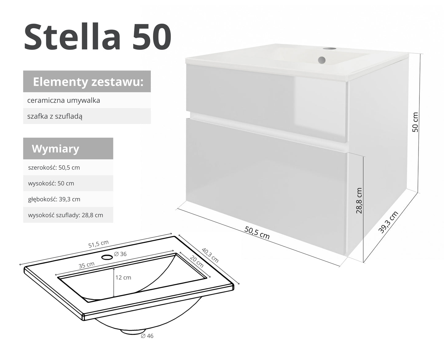 Szafka z umywalką STELLA 50 cm / 80 cm