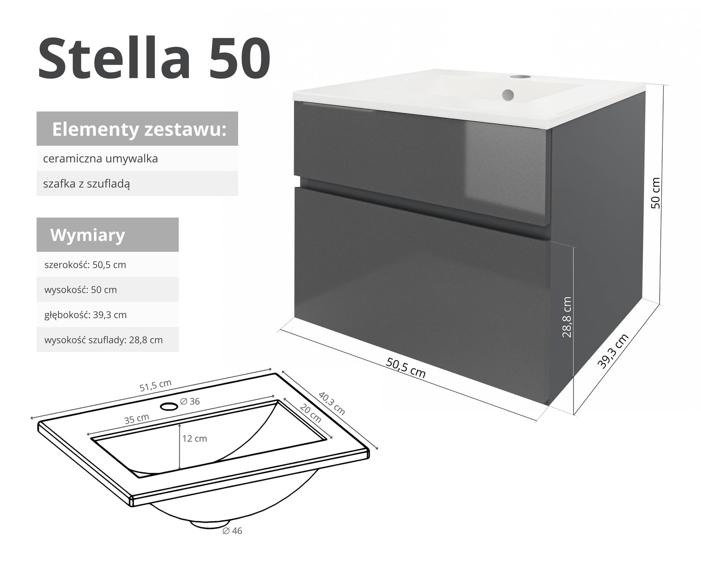 Szafka z umywalką STELLA 50 cm / 80 cm