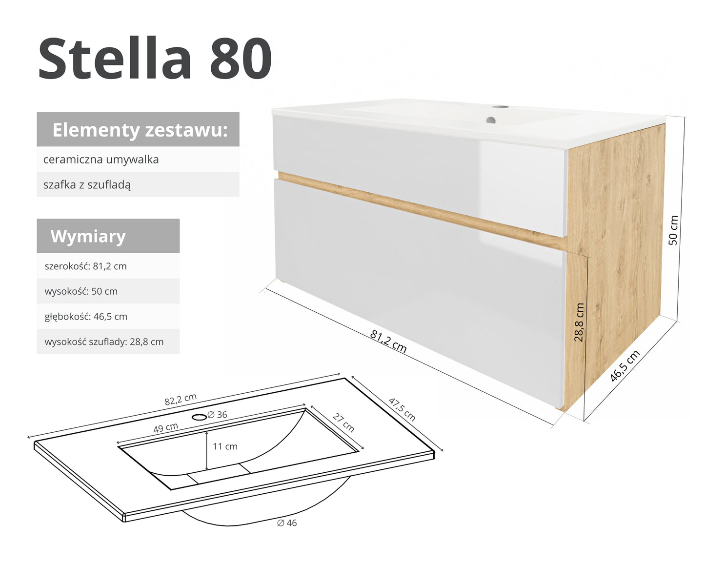 Szafka z umywalką STELLA 50 cm / 80 cm