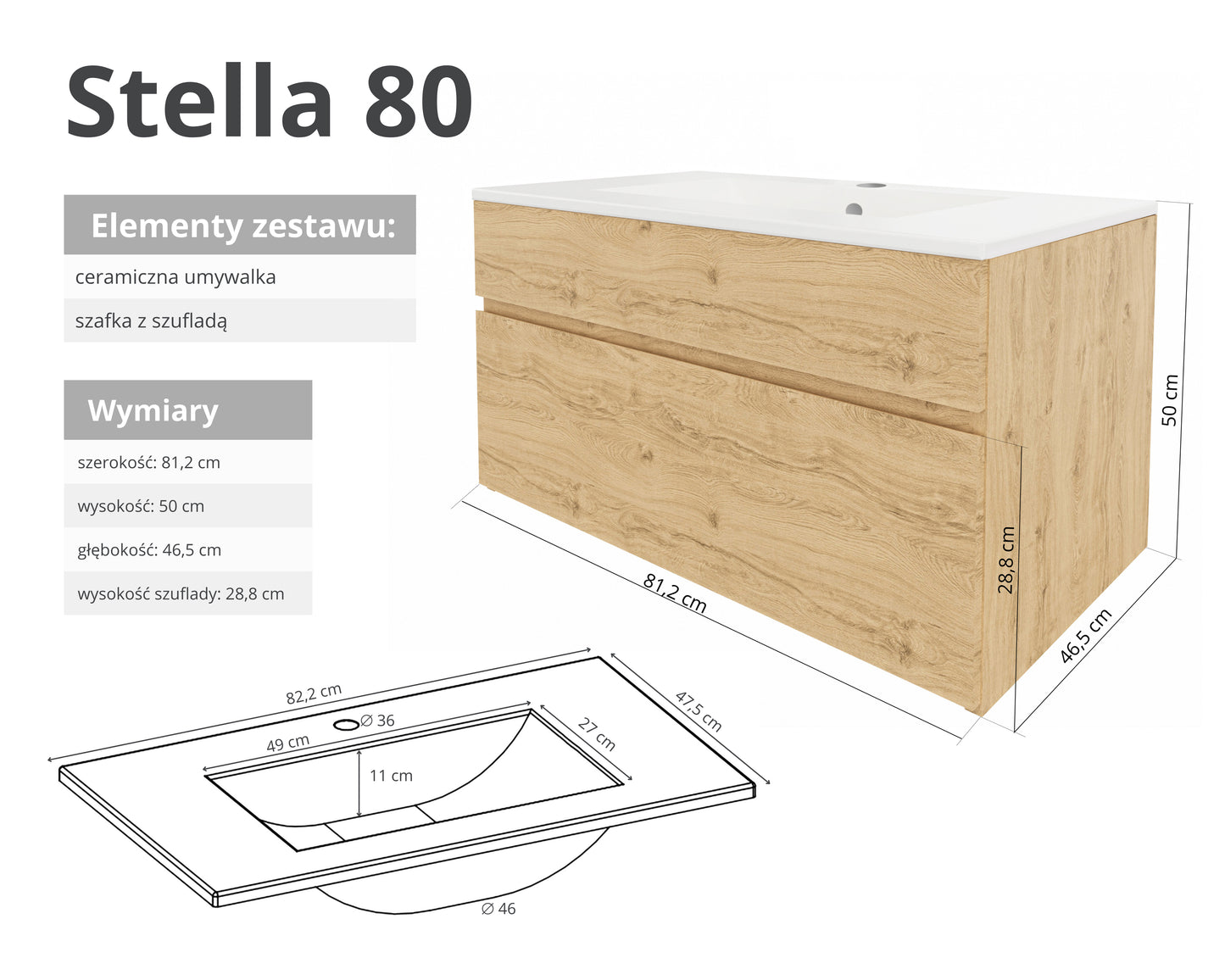 Szafka z umywalką STELLA 50 cm / 80 cm