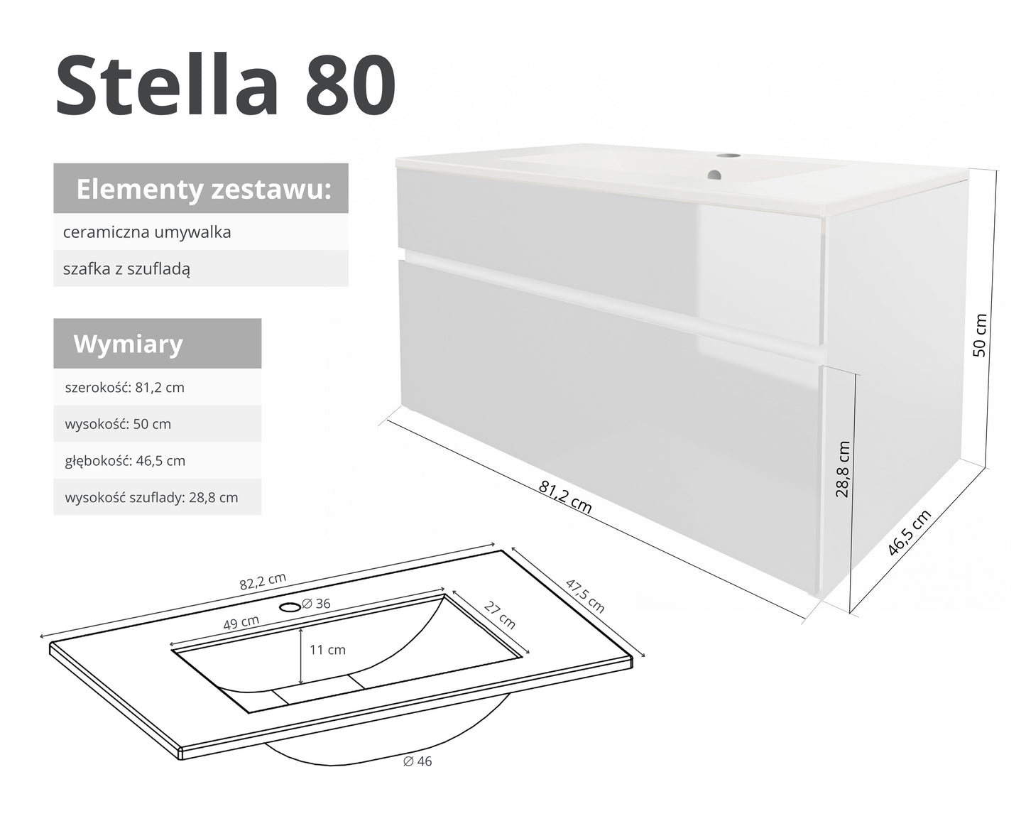 Szafka z umywalką STELLA 50 cm / 80 cm