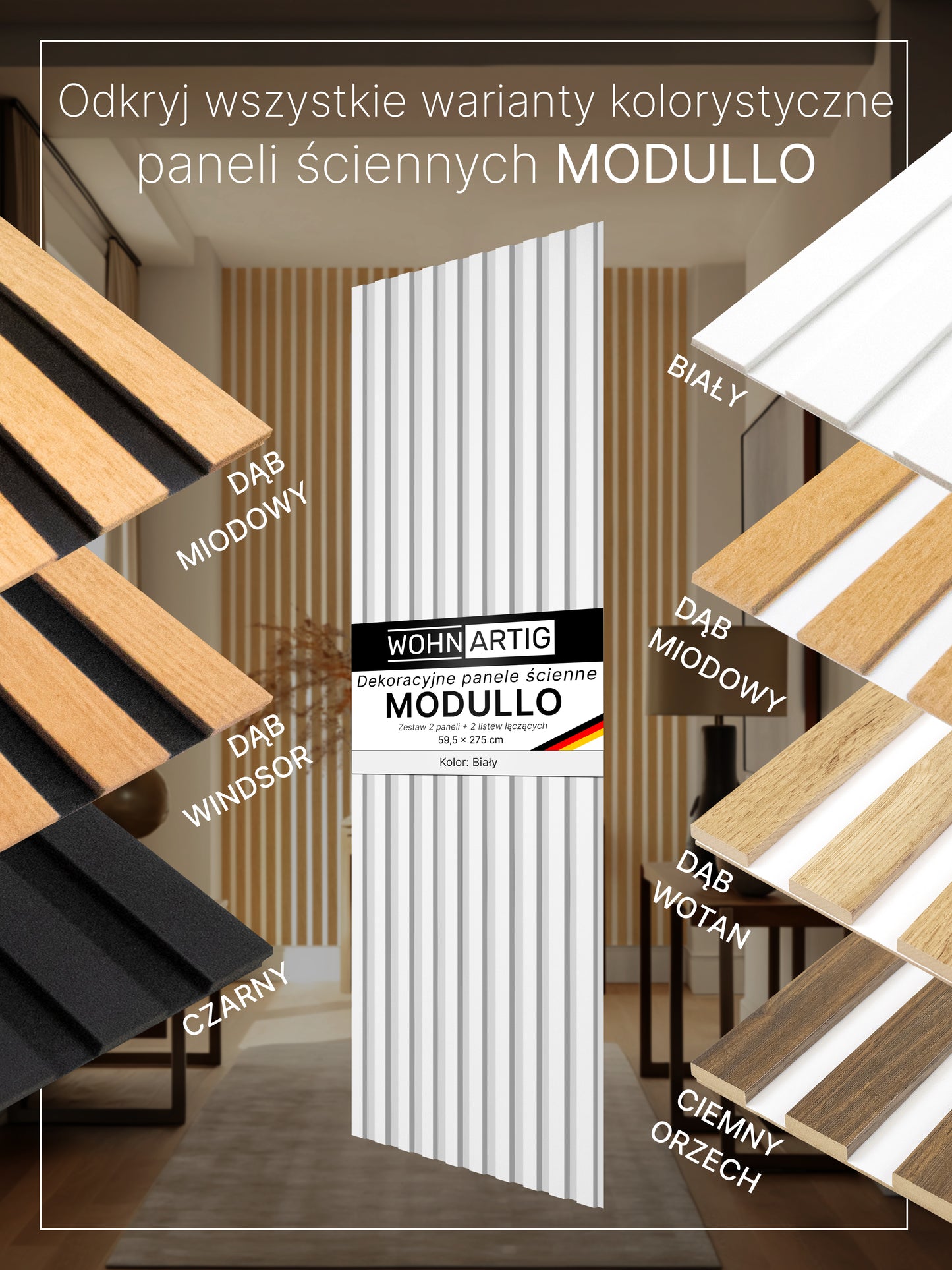 Dekoracyjne Lamele MODULLO na białej płycie zestaw 59,5 x 275 cm