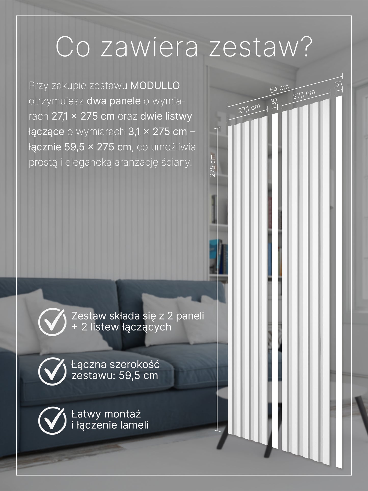 Dekoracyjne Lamele MODULLO na białej płycie zestaw 59,5 x 275 cm