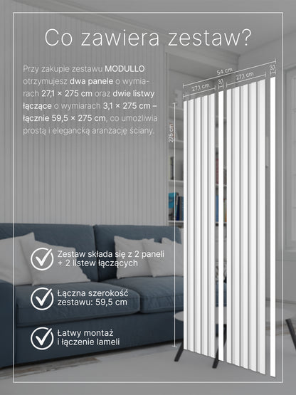 Dekoracyjne Lamele MODULLO na białej płycie zestaw 59,5 x 275 cm