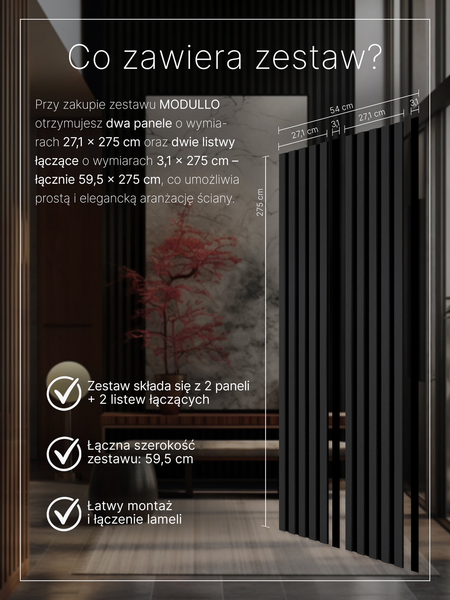 Dekoracyjne Lamele MODULLO na czarnej płycie zestaw 59,5 x 275 cm