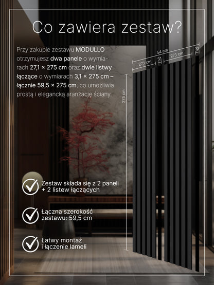 Dekoracyjne Lamele MODULLO na czarnej płycie zestaw 59,5 x 275 cm