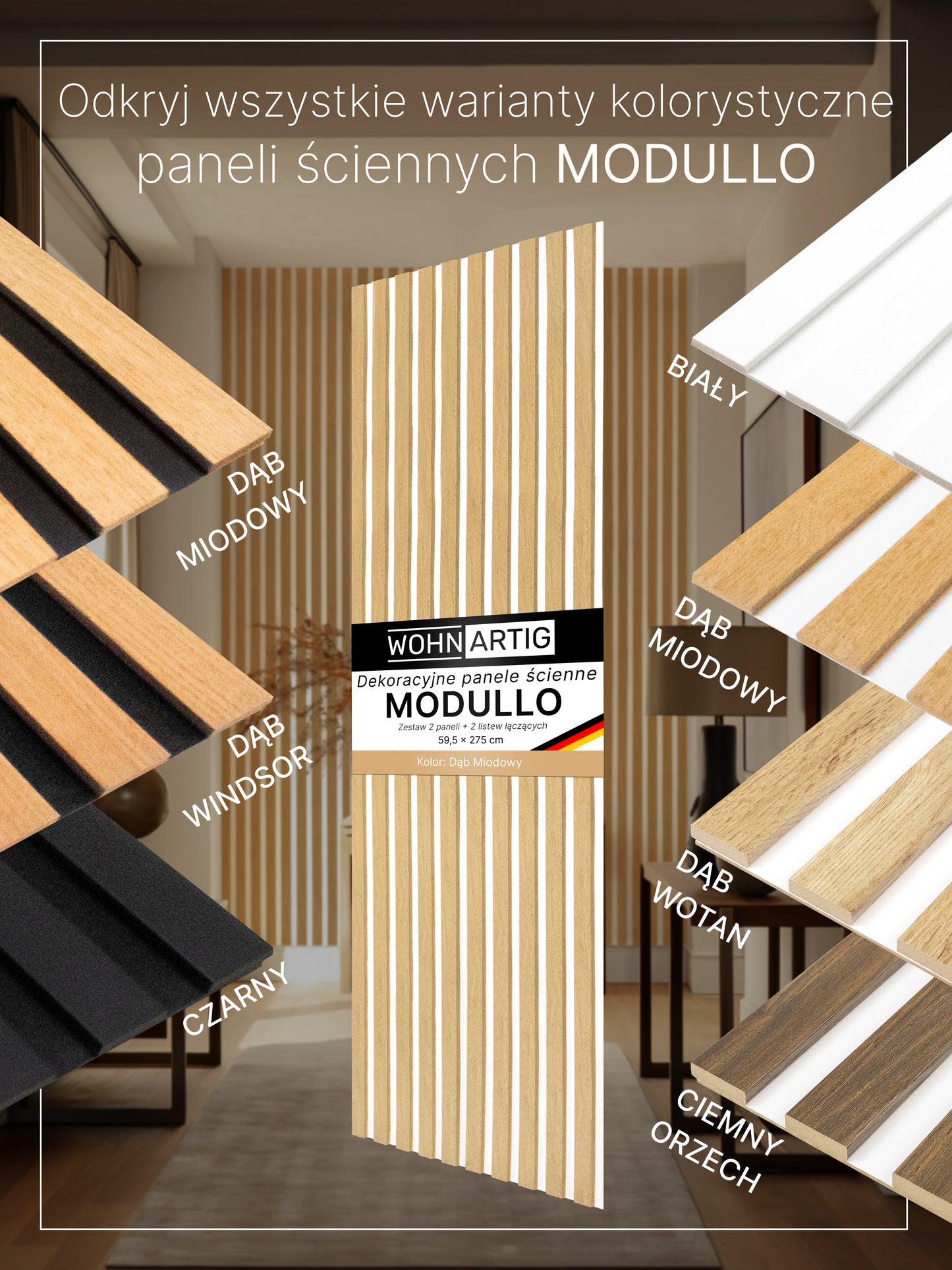 Dekoracyjne Lamele MODULLO na białej płycie zestaw 59,5 x 275 cm