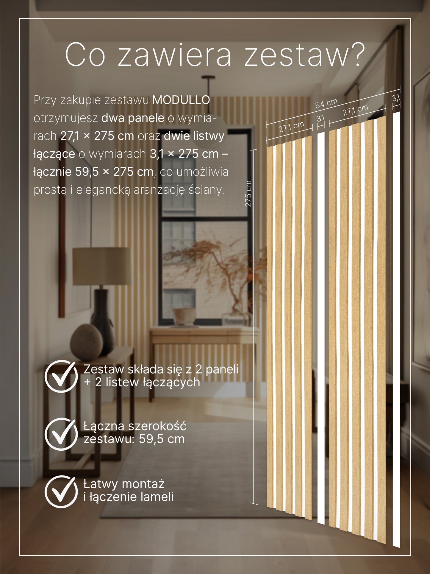 Dekoracyjne Lamele MODULLO na białej płycie zestaw 59,5 x 275 cm