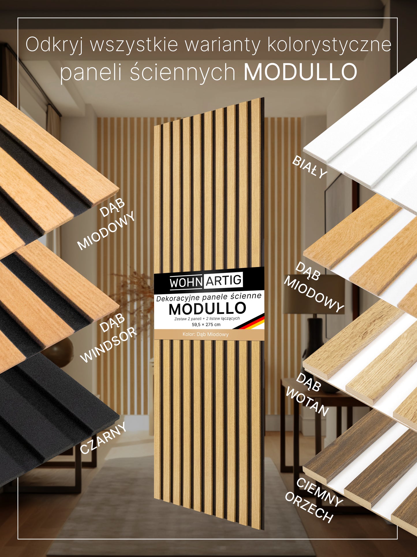 Dekoracyjne Lamele MODULLO na czarnej płycie zestaw 59,5 x 275 cm