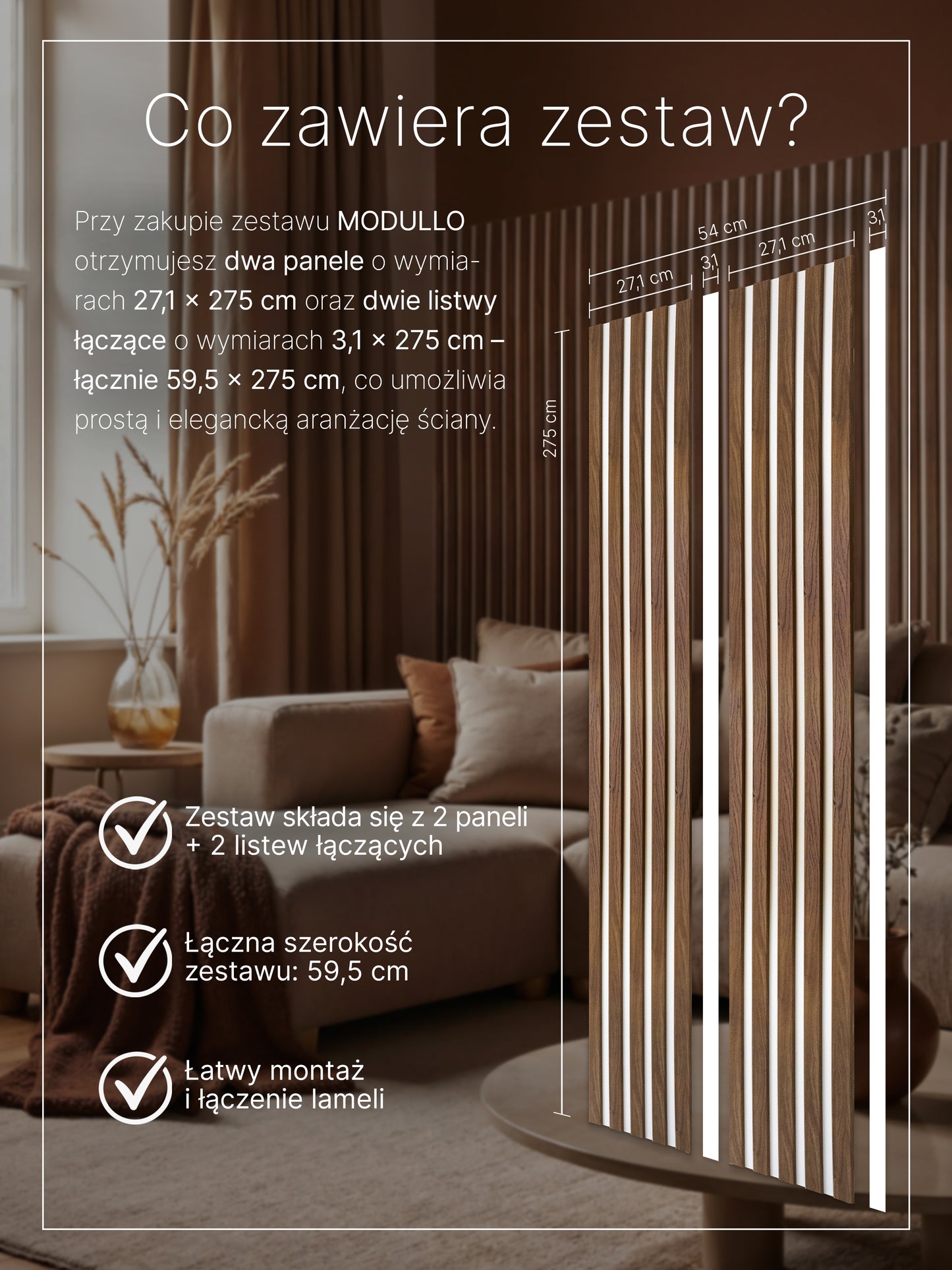 Dekoracyjne Lamele MODULLO na białej płycie zestaw 59,5 x 275 cm