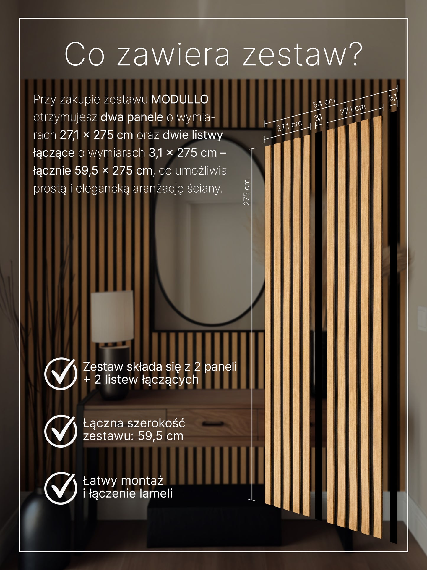 Dekoracyjne Lamele MODULLO na czarnej płycie zestaw 59,5 x 275 cm