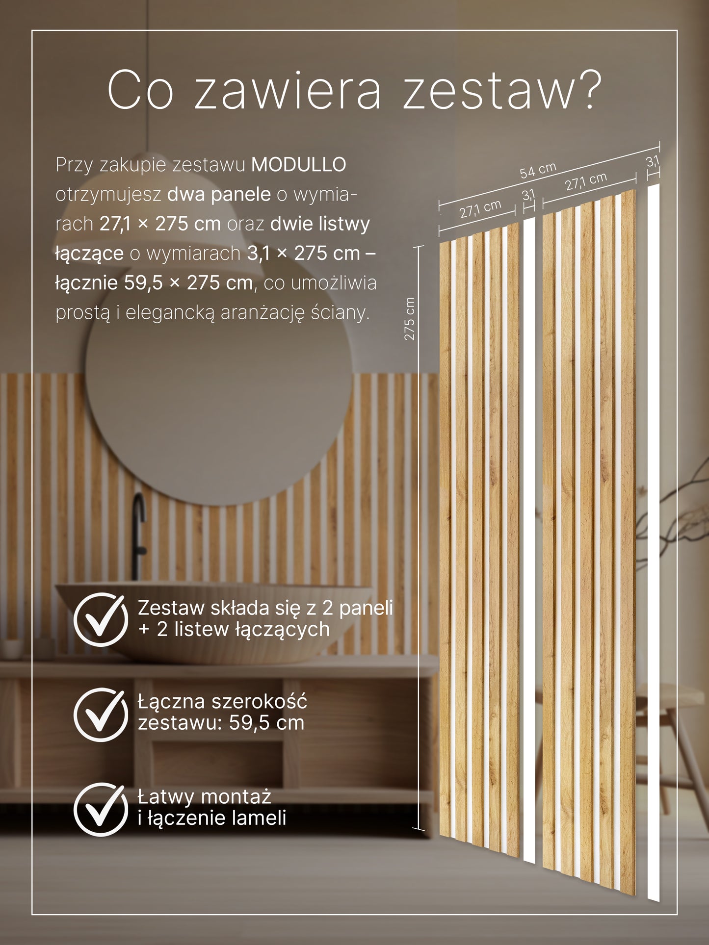 Dekoracyjne Lamele MODULLO na białej płycie zestaw 59,5 x 275 cm