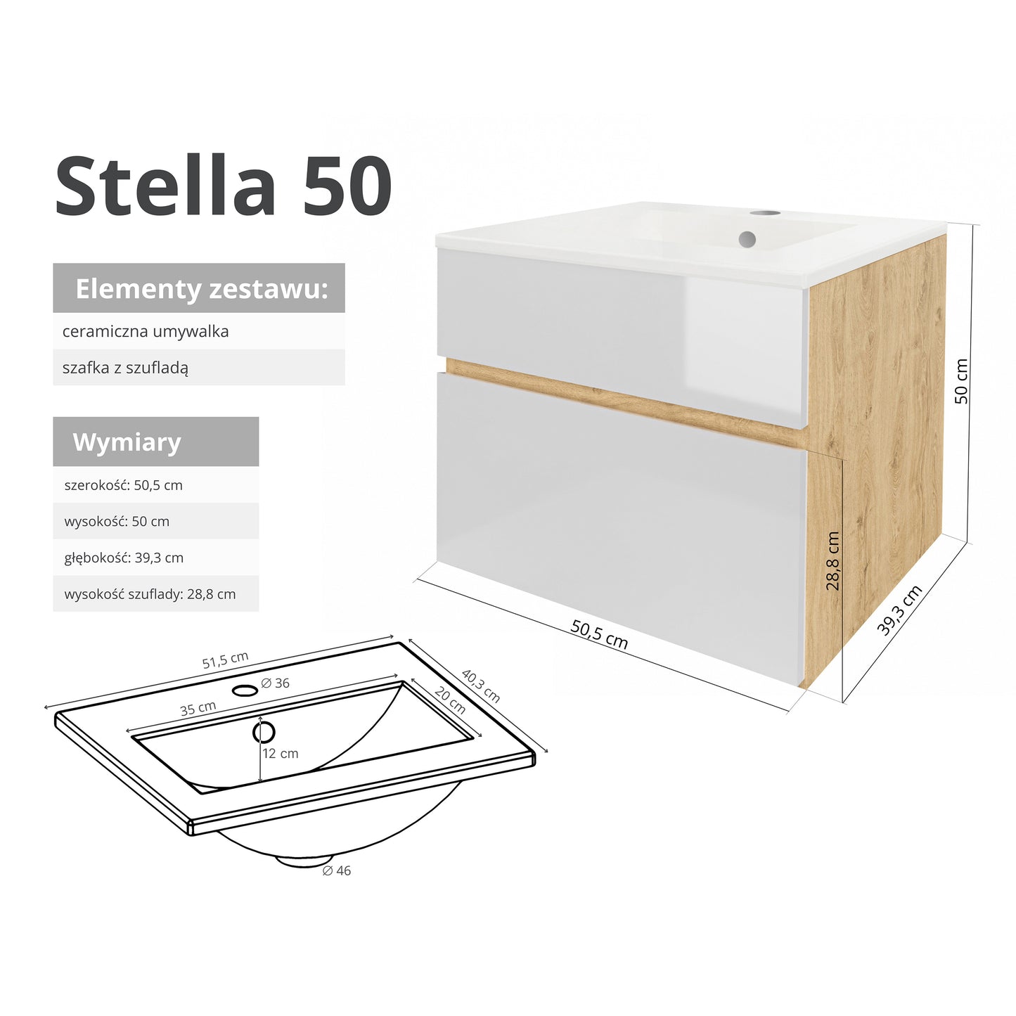 Szafka z umywalką STELLA 50 cm / 80 cm