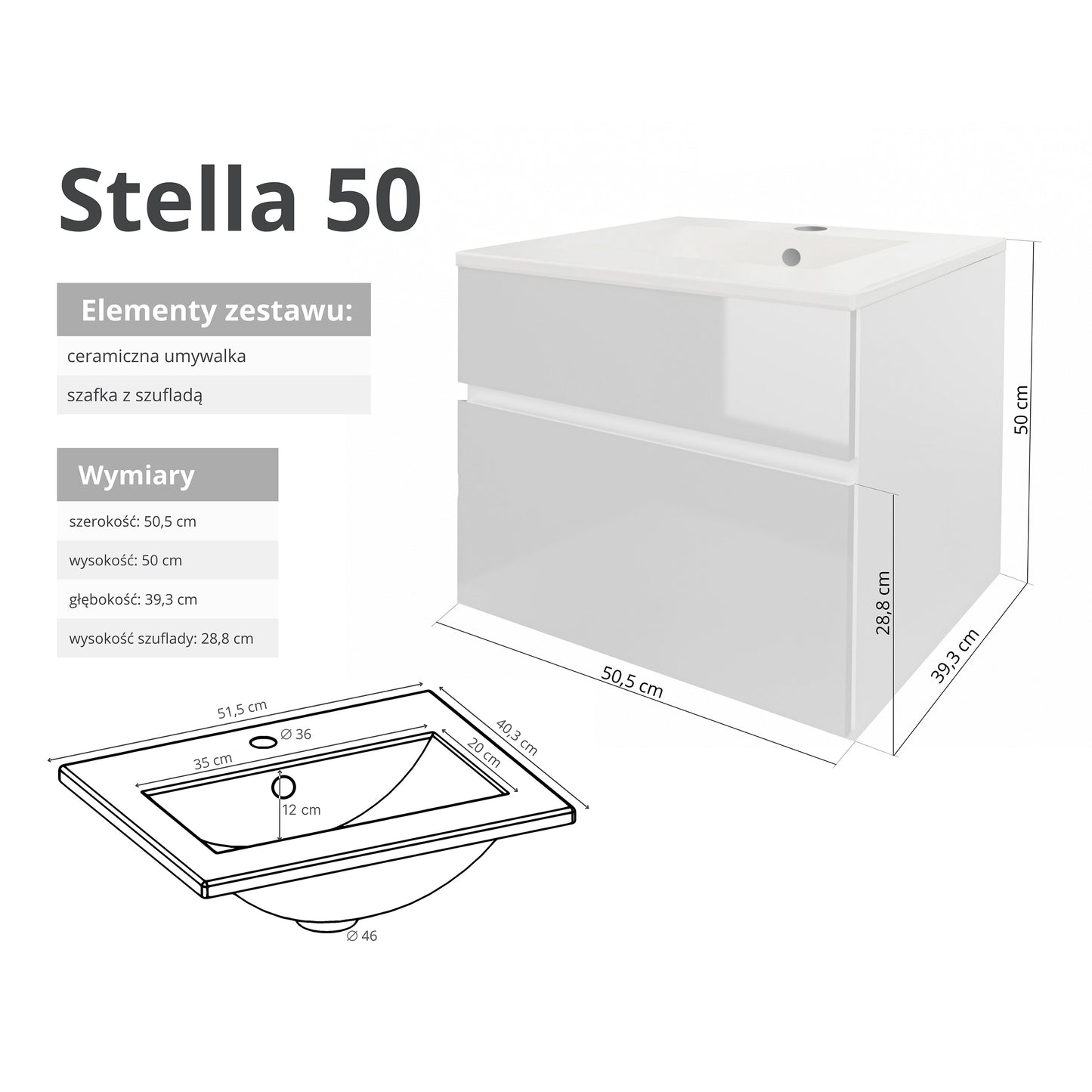 Szafka z umywalką STELLA 50 cm / 80 cm
