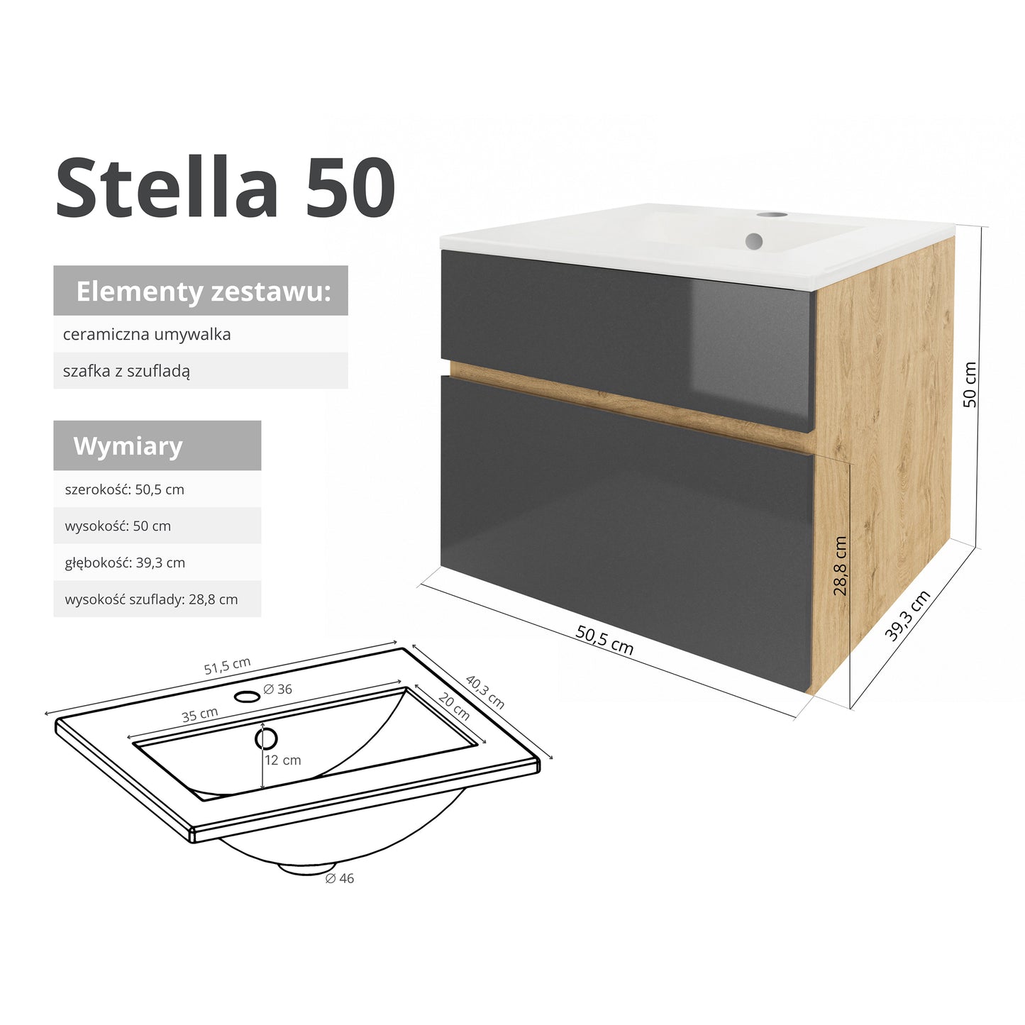 Szafka z umywalką STELLA 50 cm / 80 cm