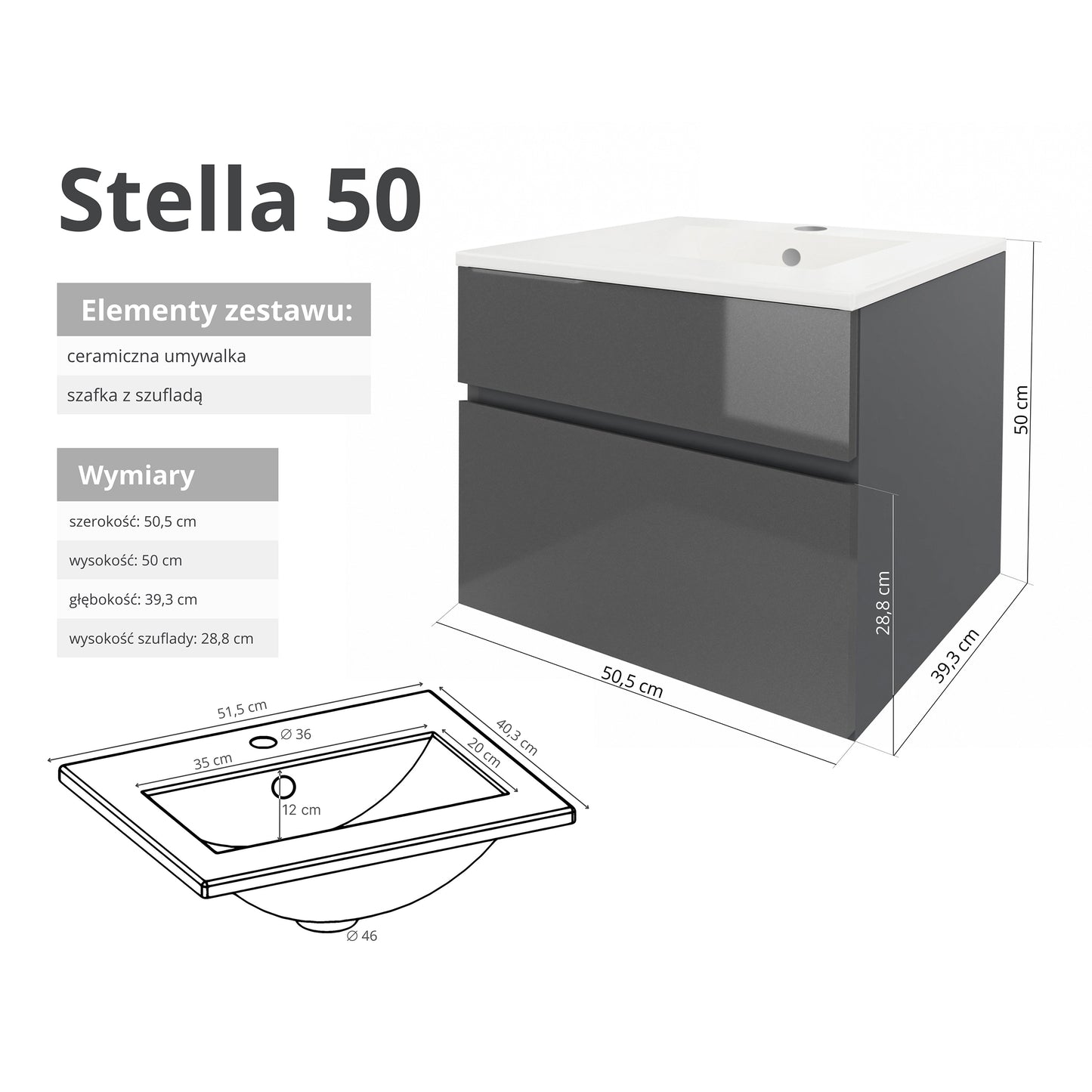 Szafka z umywalką STELLA 50 cm / 80 cm