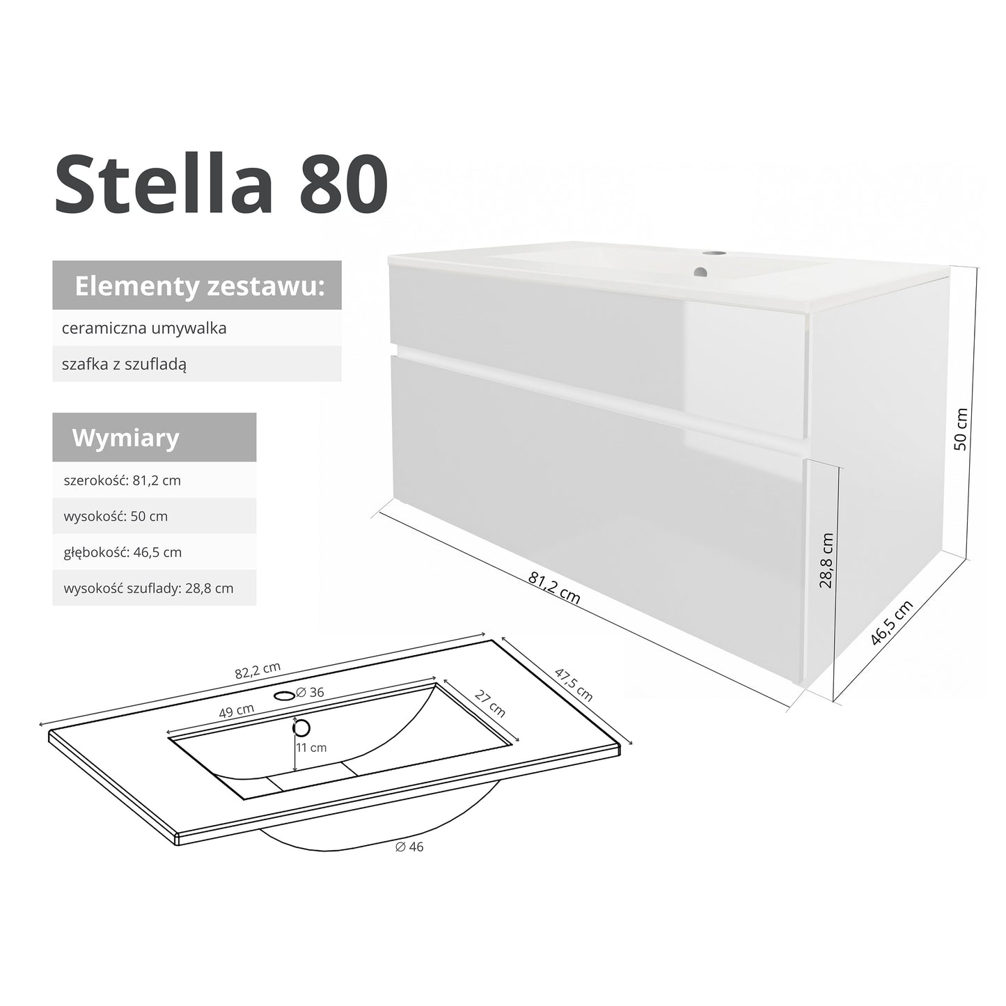 Szafka z umywalką STELLA 50 cm / 80 cm