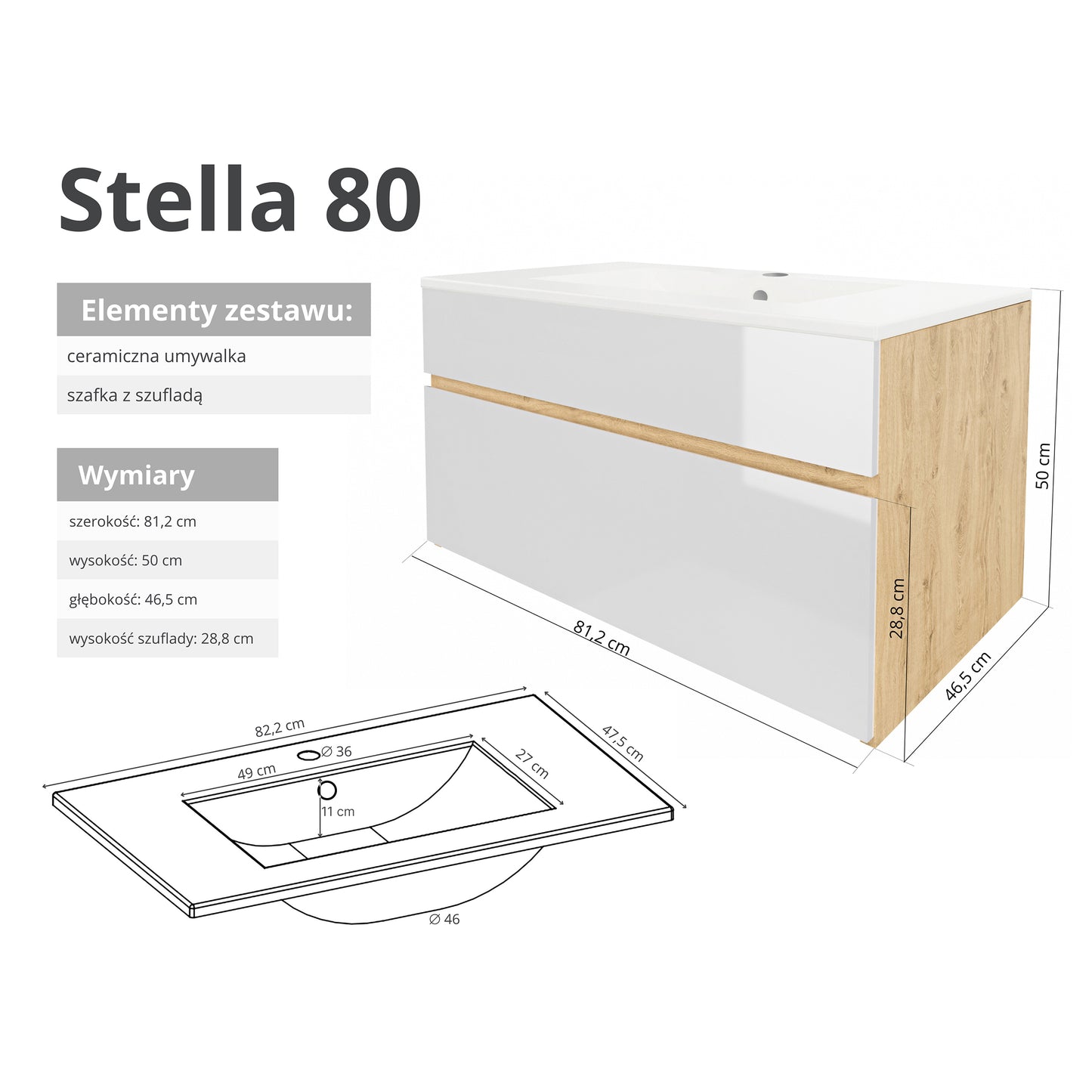 Szafka z umywalką STELLA 50 cm / 80 cm