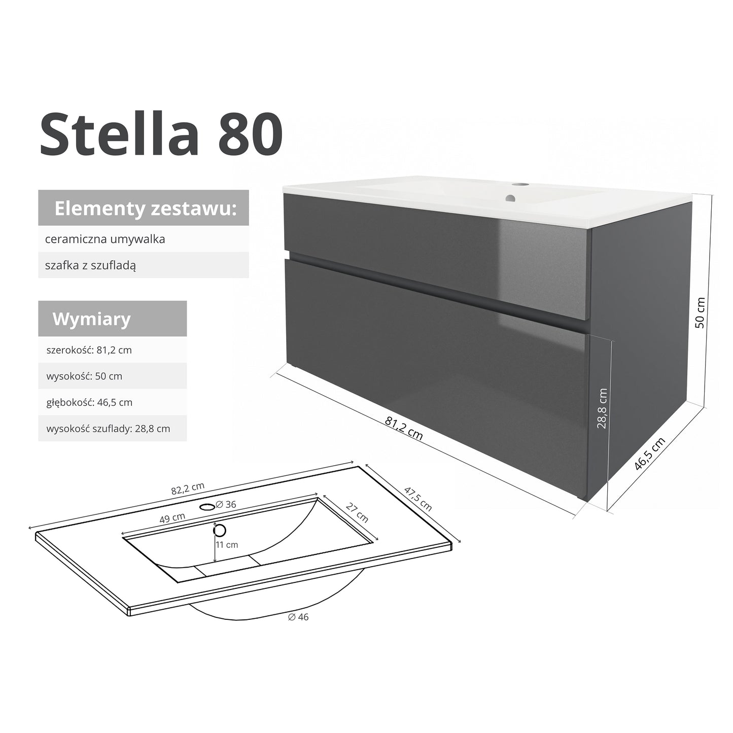 Szafka z umywalką STELLA 50 cm / 80 cm